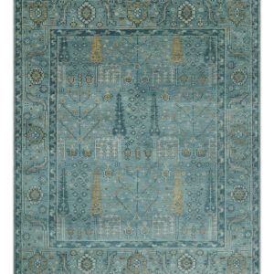Hand Knotted Teal and Beige Multi Size Traditional Turkish Tree of Life Wool Rug