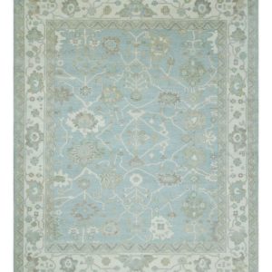 Hand Knotted Custom Made Oriental Oushak Aqua. Ivory and Beige Wool Area Rug