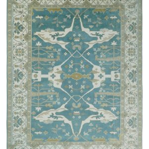 Hand Knotted Oriental Oushak Teal. Ivory and Beige Wool Area Rug