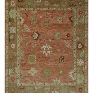 Hand Knotted Rust. Olive and Ivory Traditional Oushak Vintage Style Wool Rug
