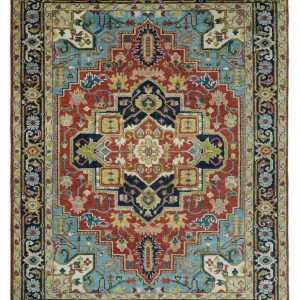 Rust. Blue and Beige Traditional Heriz Medallion Hand Knotted Multi Size Wool Area Rug