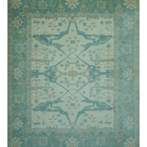Ivory and Aqua Hand Knotted Oriental Oushak Custom Made Wool Rug