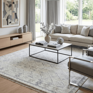 Ivory and Gray Modern Geometrical Hand Woven Wool Rug
