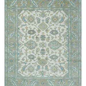 Hand Knotted Oriental Oushak Teal. Ivory and Beige Custom Made Wool Area Rug