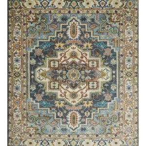 Ivory. Blue. Rust and Beige Hand knotted Traditional Heriz wool Area Rug
