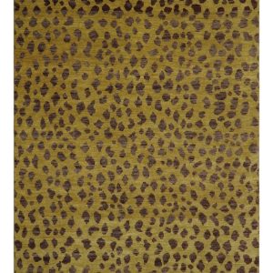 Leopard Design Mustard and Dark Plum Hand Knotted Custom Made wool area rug