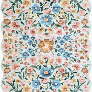 Powbl Blue Floralnature Machine Woven Polyester Washable Area Rug