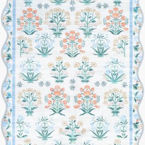 Hevua Blue Floralnature Machine Woven Polyester Washable Area Rug