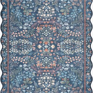 Pepo Blue Floralnature Machine Woven Polyester Washable Area Rug
