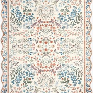 Likoa Ivory Floralnature Machine Woven Polyester Washable Area Rug