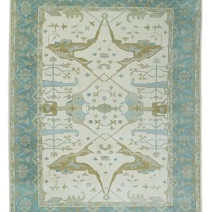 Made to Order Hand Knotted Oriental Oushak Ivory. Aqua and Beige Wool Area Rug