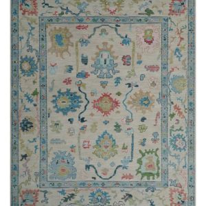 Vibrant Colorful Ivory and Aqua Hand Knotted Traditional Oushak Multi Size Wool Area Rug. Living Room Rug