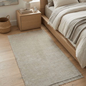 Modern Solid Design Beige Hand Knotted Wool And Silk Rug