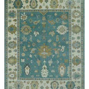 Ollie Custom Made Teal. Ivory and Olive Hand Knotted Oushak Wool Rug