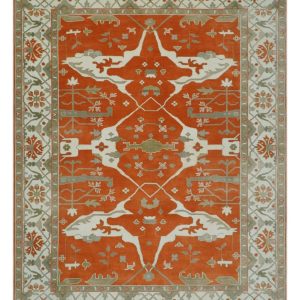Orange. Ivory and Olive Hand knotted Oriental Oushak Multi Size wool Area Rug