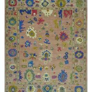 Peach. Blue and Olive Hand knotted Traditional Custom Made Oushak wool Area Rug