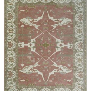Peach. Ivory and Olive Hand knotted Multi size Oriental Oushak Traditional Wool Area Rug