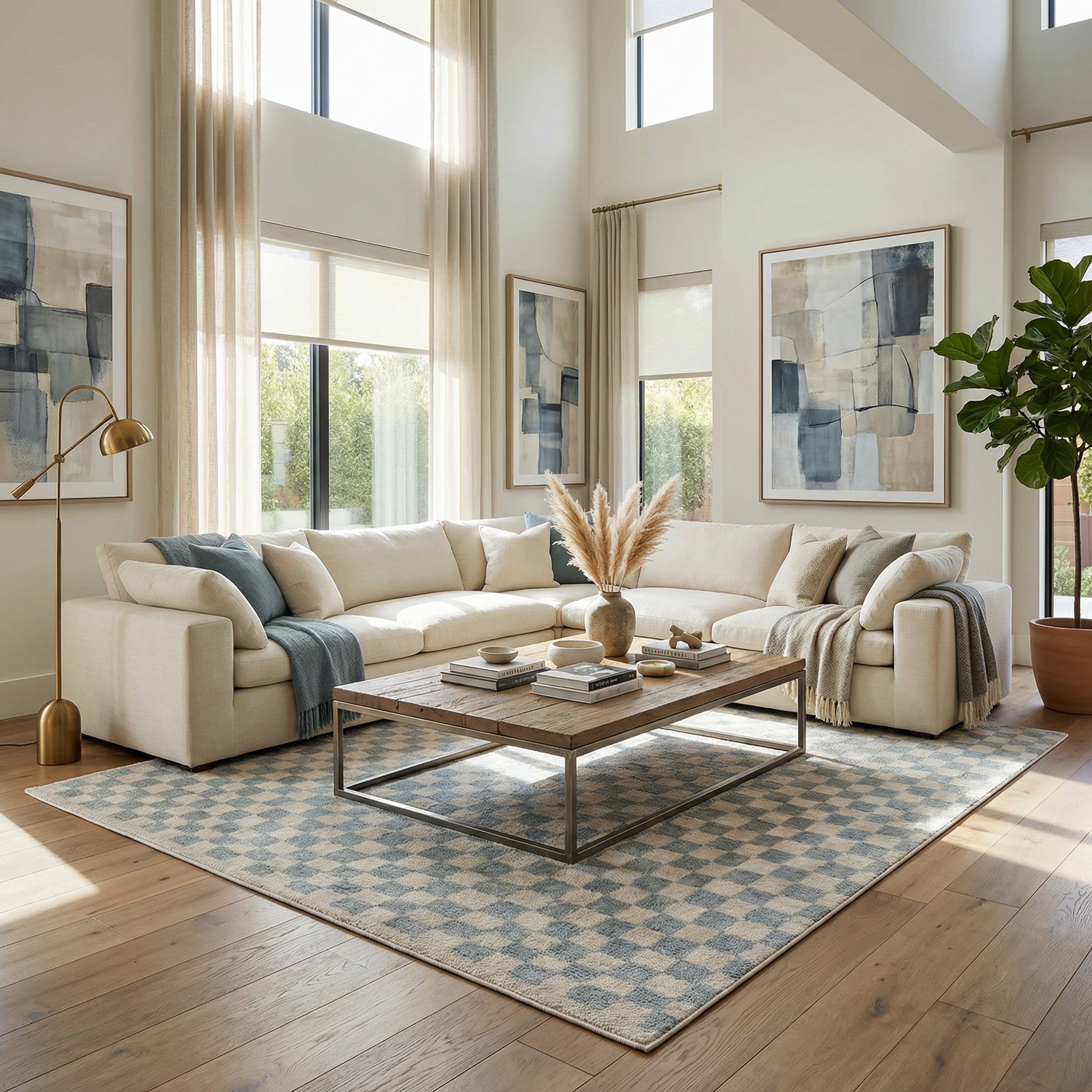 Benjy Cream & Light Blue Checkered Area Rug - Image 2