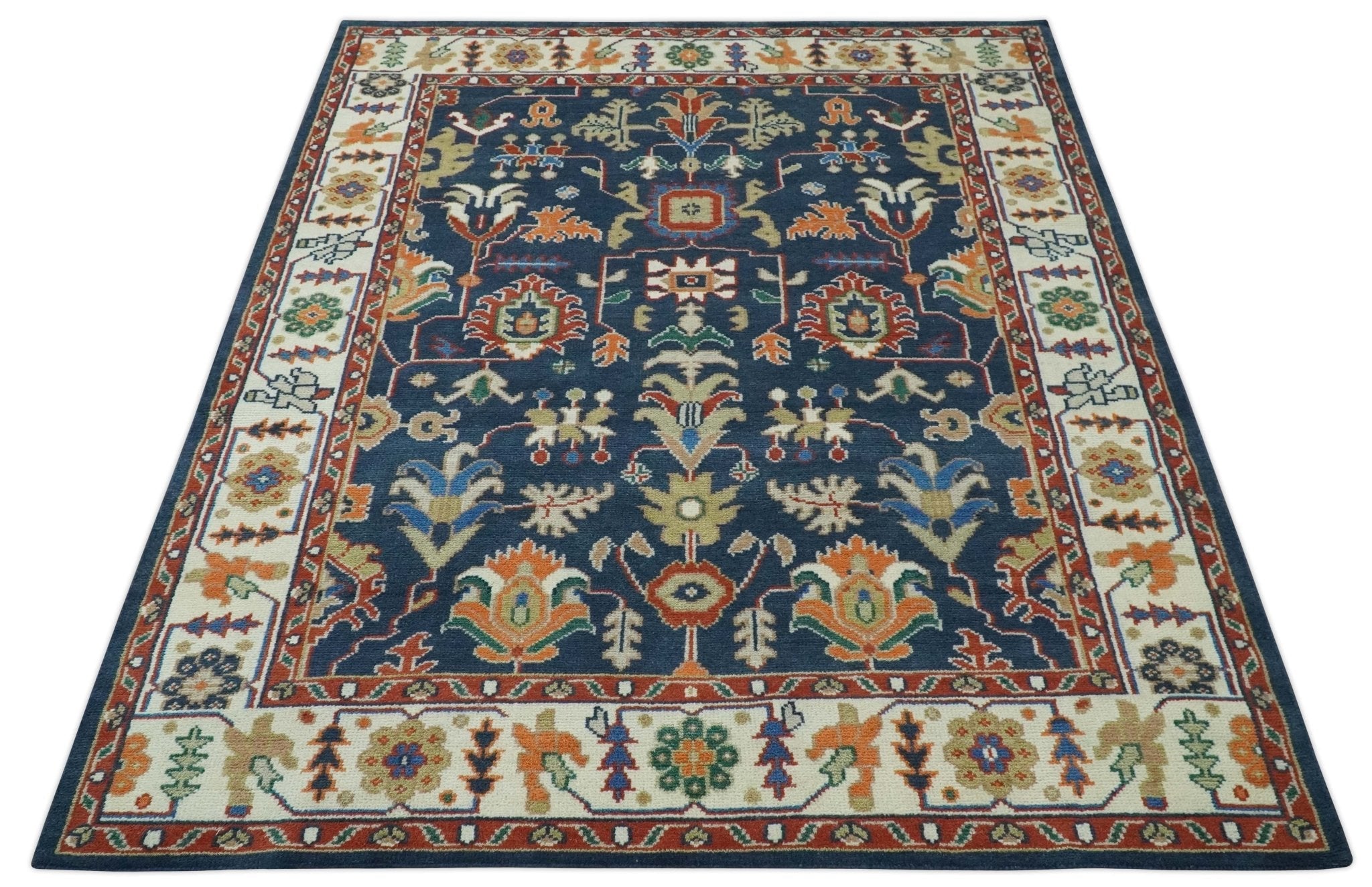 Premium Style Vibrant Colorful Blue. Ivory. Rust and Orange Traditional Hand Knotted Oriental Oushak Multi Size wool Area Rug - Image 4