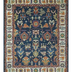 Premium Style Vibrant Colorful Blue. Ivory. Rust and Orange Traditional Hand Knotted Oriental Oushak Multi Size wool Area Rug