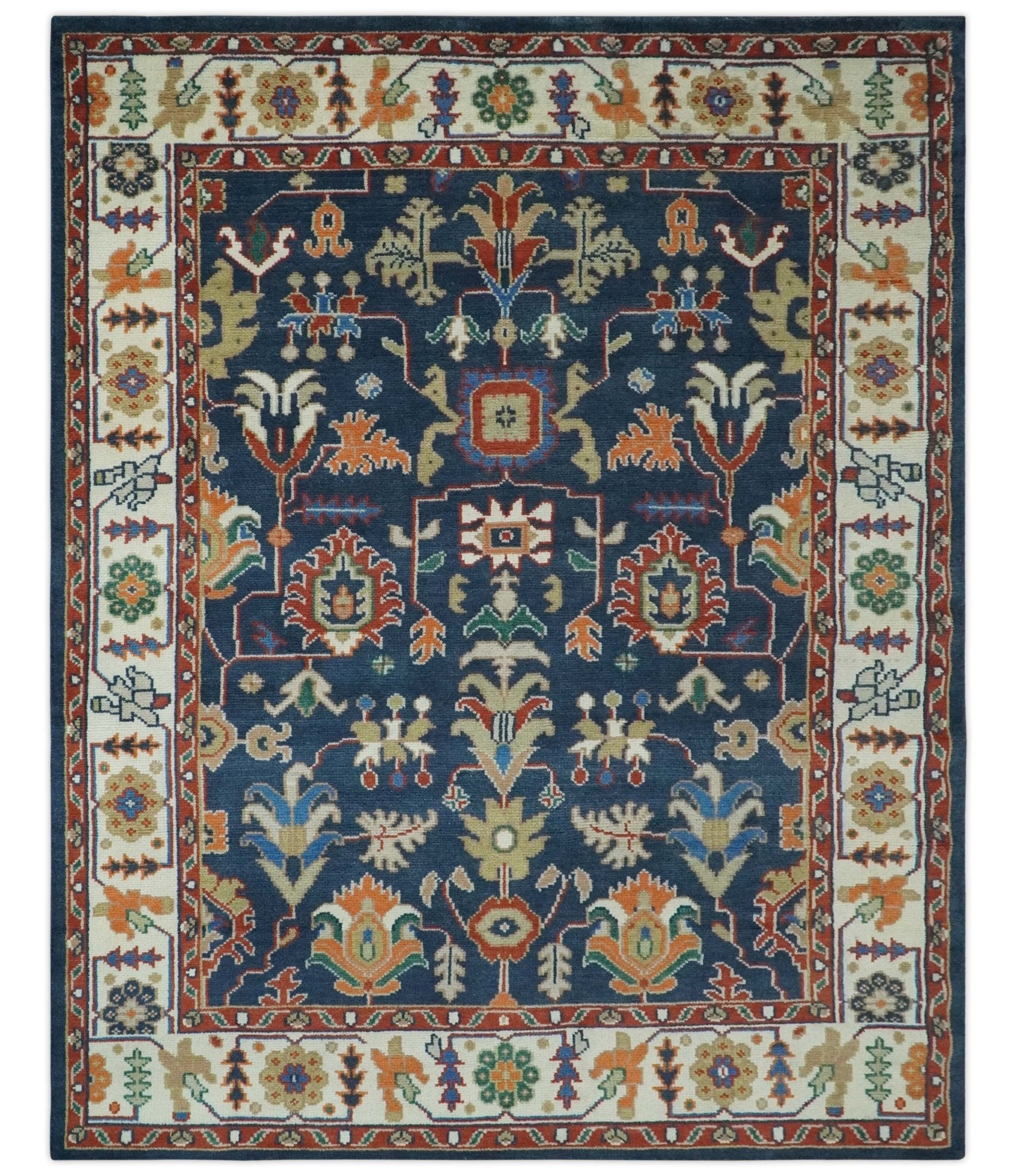 Premium Style Vibrant Colorful Blue. Ivory. Rust and Orange Traditional Hand Knotted Oriental Oushak Multi Size wool Area Rug