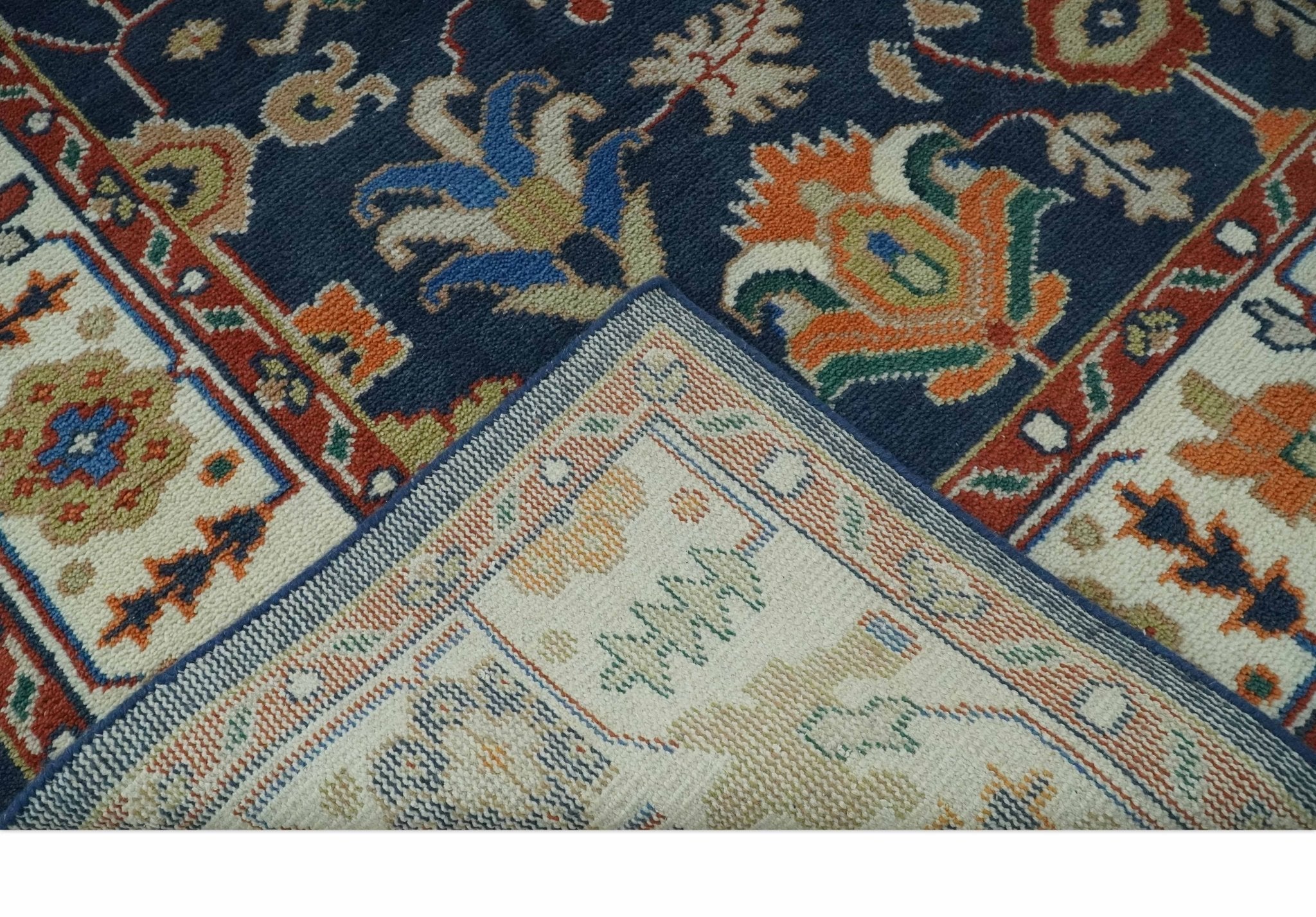 Premium Style Vibrant Colorful Blue. Ivory. Rust and Orange Traditional Hand Knotted Oriental Oushak Multi Size wool Area Rug - Image 8