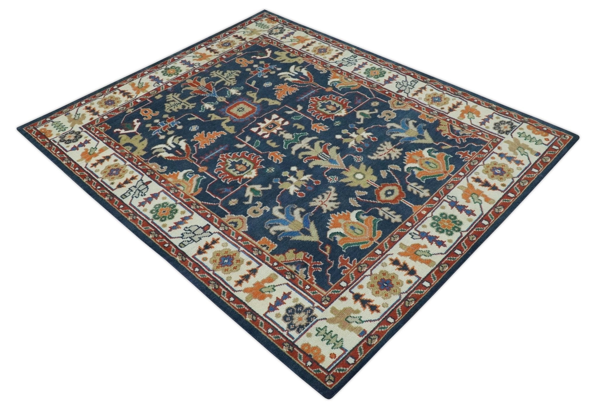 Premium Style Vibrant Colorful Blue. Ivory. Rust and Orange Traditional Hand Knotted Oriental Oushak Multi Size wool Area Rug - Image 3