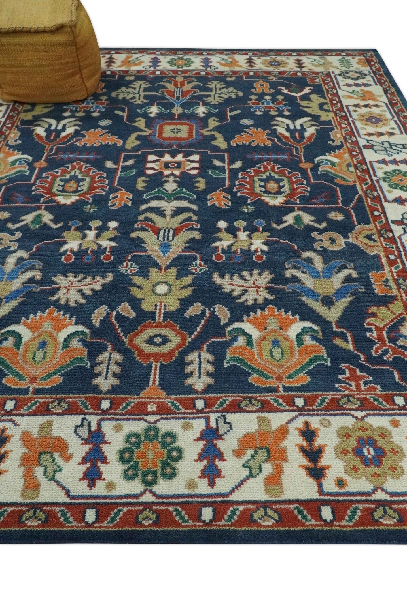 Premium Style Vibrant Colorful Blue. Ivory. Rust and Orange Traditional Hand Knotted Oriental Oushak Multi Size wool Area Rug - Image 10