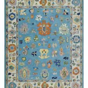 Ready to Ship Hand Tufted Blue and Ivory Modern Colorful Oushak Rug. Kids. Living Room Rug