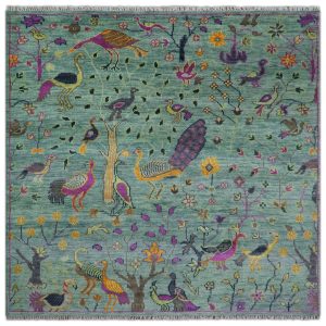 Ready to Ship Jungle Life Peacock Bird 8x8 Square Green Wool Rug