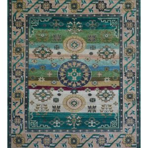Ready to Ship Peach And Teal Traditional Hand Knotted 8x10 Wool Rug