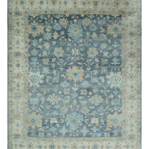 Ready to Ship Teal Blue Hand Knotted Oriental Oushak Ivory and Beige Wool Area Rug