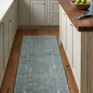 Ready to Ship Tree of life Teal And Beige 2.6x8 Wool Rug