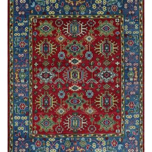 Custom Made Maroon and Blue Antique Turkish Kashgar Hand Knotted Red and Blue Traditional Oushak Wool Area Rug