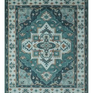 Teal and Silver Traditional Heriz Floral Hand Knotted Multi Size wool Area Rug