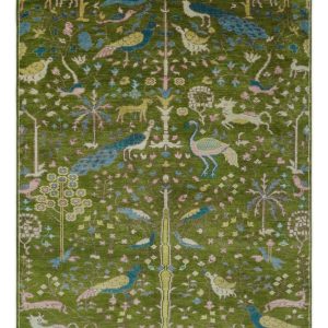 The Green Jungle Life Teal and Peach Peacock Bird Hand Knotted Custom Made Wool Area Rug