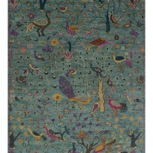 The Jungle Life Peacock on tree Rug Hand Knotted Multi Size Green Wool Rug