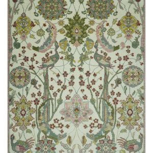 The Peacock Garden Ivory and Green Bird Hand Knotted Multi size Wool Area Rug