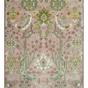 The Peacock Garden Pink and Green Peacock Bird Hand Knotted Multi size Wool Area Rug