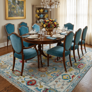 Traditional Blue and Ivory Vibrant Colorful Hand knotted Oushak Multi Size wool Area Rug