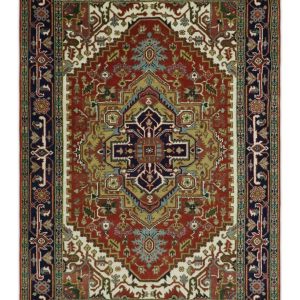 Traditional Blue. Rust and Ivory Heriz Serapi Hand knotted Multi Size wool Area Rug