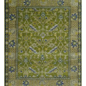 Traditional Floral Green and Blue Hand Knotted Multi size wool area rug