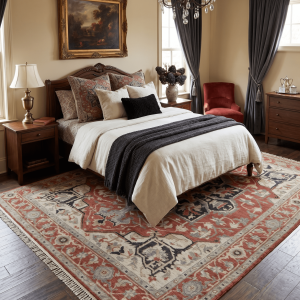 Traditional Heriz Rust And Beige Hand Knotted Wool Area Rug