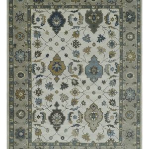 Traditional Ivory and Beige Hand Knotted Oriental Oushak Wool Area Rug