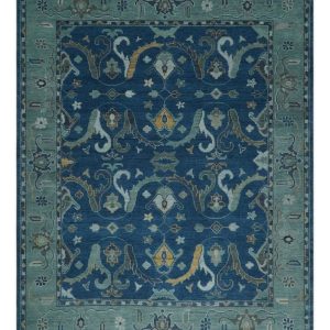 Traditional Turkish Design Hand Knotted Oriental Oushak Blue and Aqua Wool Area Rug