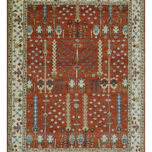 Tree of Life Rust and Ivory Traditional Hand Knotted Turkish Design Wool Area Rug
