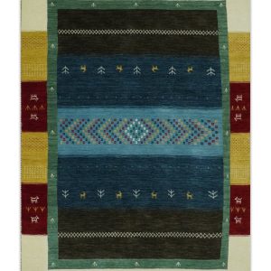 Tribal Gabbeh Blue. Gold. Maroon and Ivory Stripes design Traditional Wool Area Rug