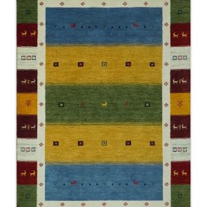 Tribal Gabbeh Green. Gold. Blue. Maroon and Ivory Stripes design Traditional Wool Area Rug