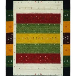 Tribal Gabbeh Green. Gold. Ivory. Maroon and Black Stripes design Traditional Hand loom Wool Area Rug