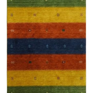 Tribal Gabbeh Green. Gold. Rust and Blue Stripes Design Multi Size Wool area Rug